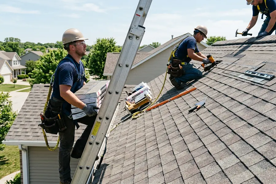 Beardman Building Services roofing crew installing architectural shingles in Captiva